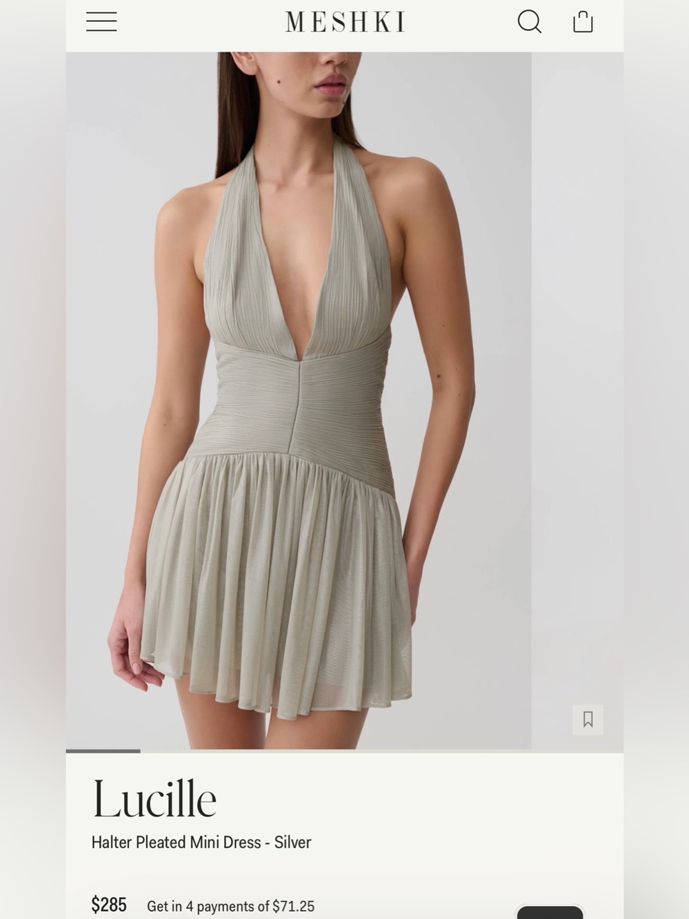 Meshki Lucille Halter Pleated Mini Dress - Silver